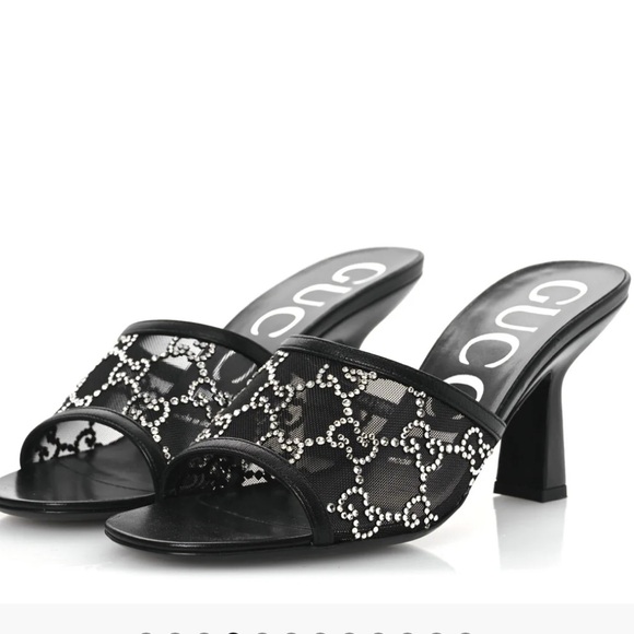 Gucci Black and Silver Rhinestone GG Women's Mules/ Sandal Heels - Picture 1 of 12